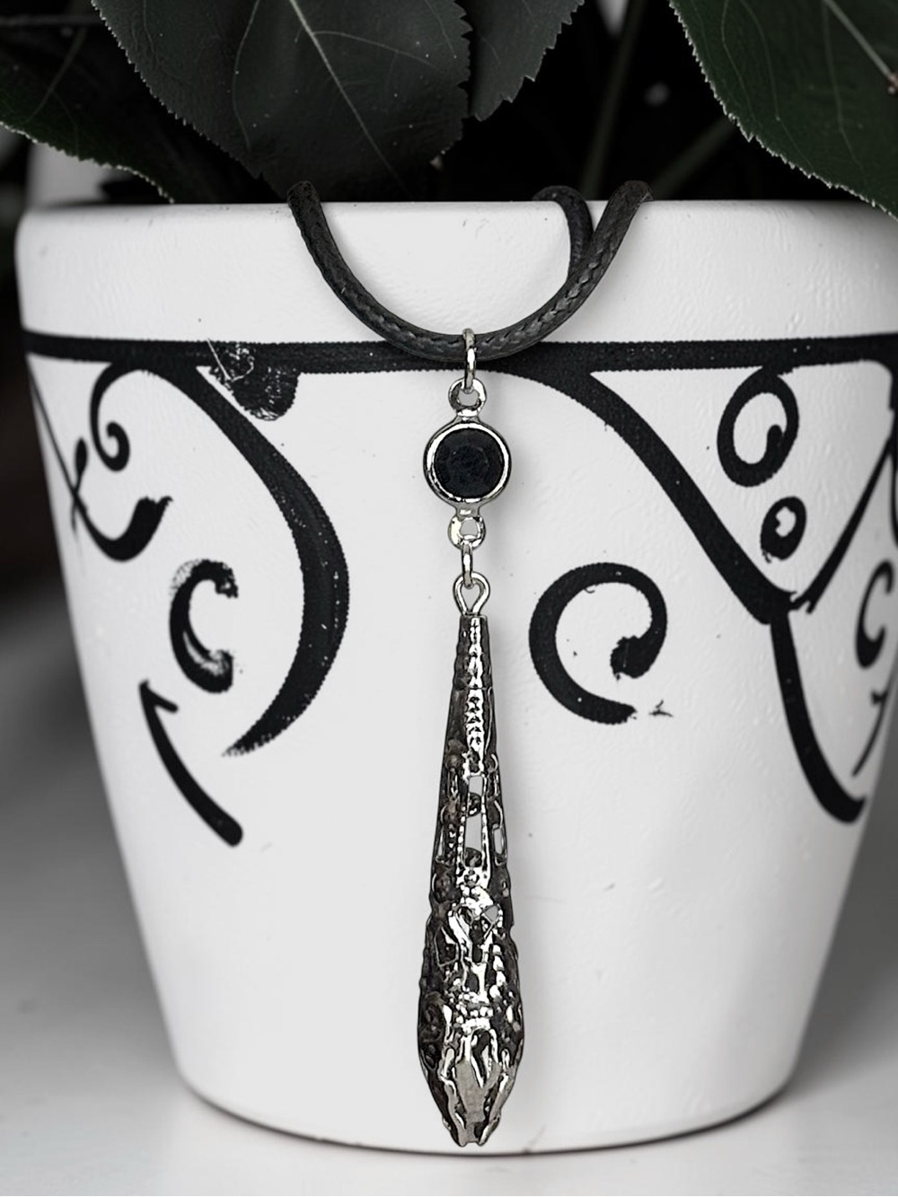 5 For $25💫Silver Filigree Teardrop Pendant Necklace W/Black Acrylic Gem Accent